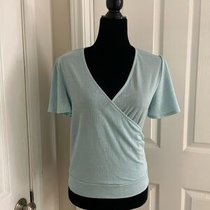 Women's Light Blue Wrap-Front Short Sleeve Top